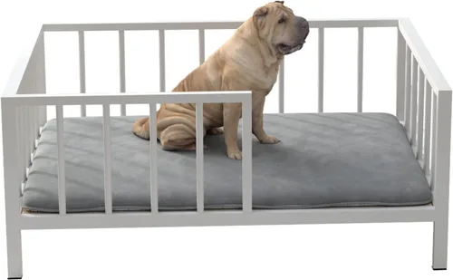 Vista 7 de OSCHF Cama para perros con rieles, marco de cama elevado de metal para mascotas con tabla de madera maciza y alfombrilla suave lavable para perros