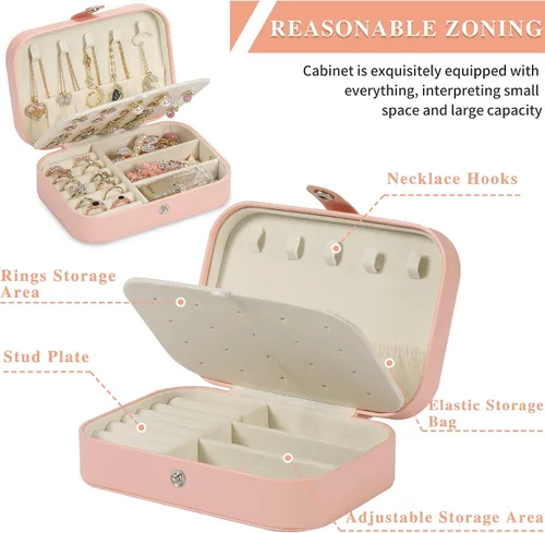 Vista 3 de XZUZ Joyero de viaje, organizador de joyas pequeño de piel sintética para niñas y mujeres, mini estuche de viaje portátil de doble capa para guardar