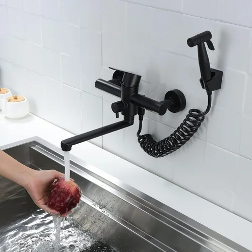Vista 5 de Grifo de fregadero de cocina para montaje en pared, grifo comercial negro mate con rociador lateral, grifo mezclador de acero inoxidable, grifo