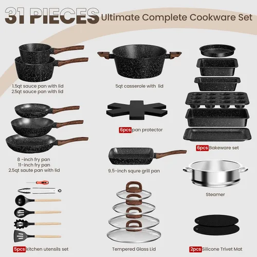 Vista 2 de Juego de ollas y sartenes antiadherentes, juego de 31 piezas de batería de cocina y de horneado para inducción, juego de sartenes de cocina