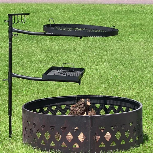 Vista 5 de Sistema doble de parrilla giratoria para exterior de Sunnydaze. Includes 2 Grates & 1 Stake, Easy Assembly, Steel Portable Camp Fire Cooking