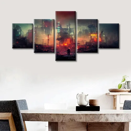 Vista 146 de Cuadros de 5 paneles de Cyberpunk City, arte de pared, representación de vallas publicitarias, edificios modernos en la capital con obras de arte