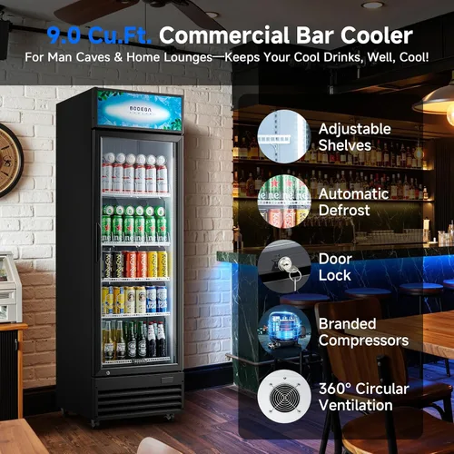 Vista 5 de BODEGA BODEGACOOLER Refrigerador Comercial Exhibidor de 9 Pies Cúbicos, Refrigerador Comercial Grande Negro con Puerta de Vidrio, Luz LED/Cerradura