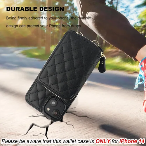 Vista 8 de Bocasal Funda tipo cartera cruzada para iPhone 14, con bloqueo RFID, de piel sintética, con cremallera, funda tipo cartera con función atril