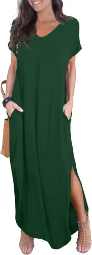 Vista 10 de GRECERELLE - Vestido largo para mujer, holgado, con bolsillos, manga corta y abertura lateral, estilo informal Verde militar