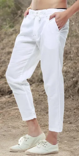 Vista 7 de chouyatou Pantalones capri de lino de playa con cordón y ajuste recto para hombre
