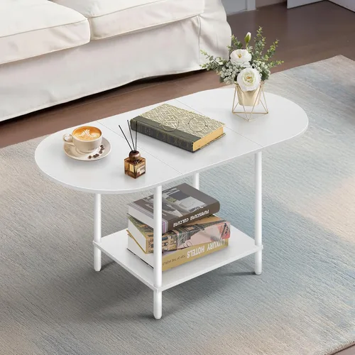 Vista 10 de Mesas de café negras para sala de estar, mesa de centro oval pequeña de mediados de siglo con estante de almacenamiento y tablero de madera, mesa