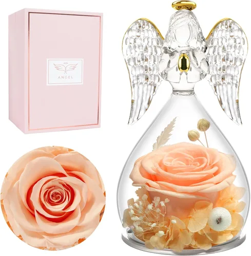Vista 20 de Miofula Regalos para mamá, regalos de cumpleaños para mujeres, flores preservadas en figuras de ángel de cristal, flores frescas para entrega, Rosa