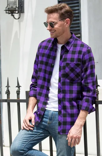 Vista 2 de Cromoncent - Camisa casual de franela a cuadros con botones para hombre