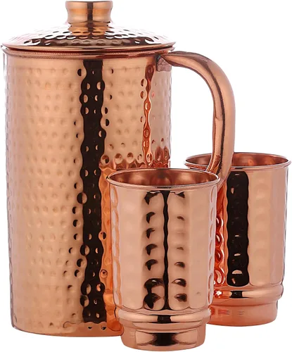 Vista 2 de Jarra de cobre de 50.72 onzas con 2 tazas de cobre Juego de jarra de agua de cobre puro y tazas a juego para el hogar y el bienestar, acabado