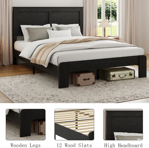 Vista 5 de Base de cama completa de madera con cabecera, base de cama de plataforma rústica de granja con soporte de 12 listones de madera, no necesita somier