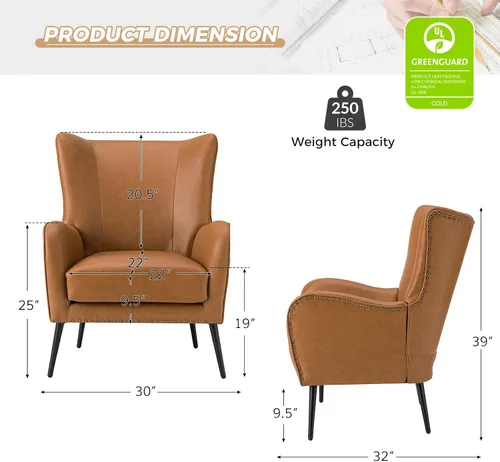 Vista 2 de HULALA HOME Silla decorativa de piel sintética con cojín extraíble, cómodo sillón tapizado con patas de metal negro y ribete de cabeza de clavo