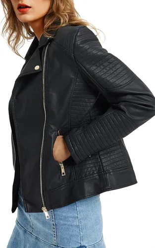 Vista 2 de Geschallino Chaqueta de piel sintética para mujer, ropa de primavera y otoño, abrigo de motociclista de moda