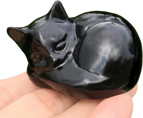 Vista 13 de Figura de gato de obsidiana negra de 2.2 pulgadas, diseño de gato negro, decoración del hogar, piedra natural, estatua de animal, cristales