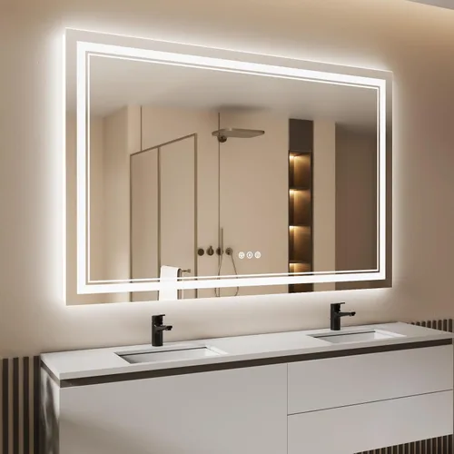 Vista 41 de Espejo de baño LED de 24 x 28 pulgadas, luz frontal y retroiluminada, antiniebla, regulable, espejo de tocador iluminado con memoria, espejo LED