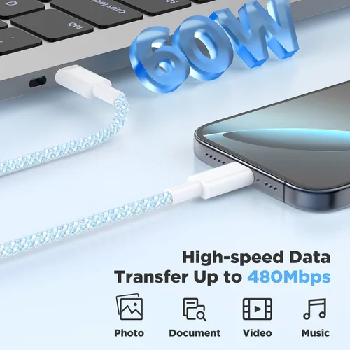 Vista 2 de Carga rápida USB C de 20 W para iPhone 17 Air/16/15 Pro Max, paquete de 3 bloques de carga coloridos mezclados con cables USB C a C largos trenzados