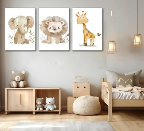 Vista 2 de UNDDISINS 3 piezas de lienzo para guardería de animales, arte de pared, acuarela, animales de bebé, pintura para decoración de pared, lindo