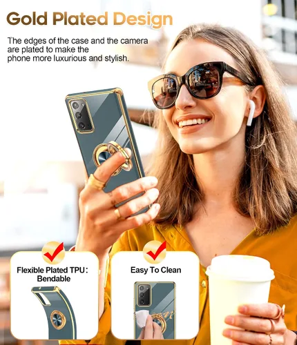 Vista 6 de LeYi Funda para Samsung Note 20: soporte de anillo giratorio de 360°, soporte magnético, chapado en oro rosa borde protector para Samsung Galaxy