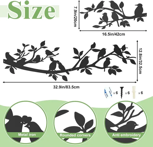 Vista 2 de VeyFolzin.st 3 piezas de colibrí en la rama de árbol decoración de pared de metal, pájaros en la rama, gran cartel negro para colgar en la pared