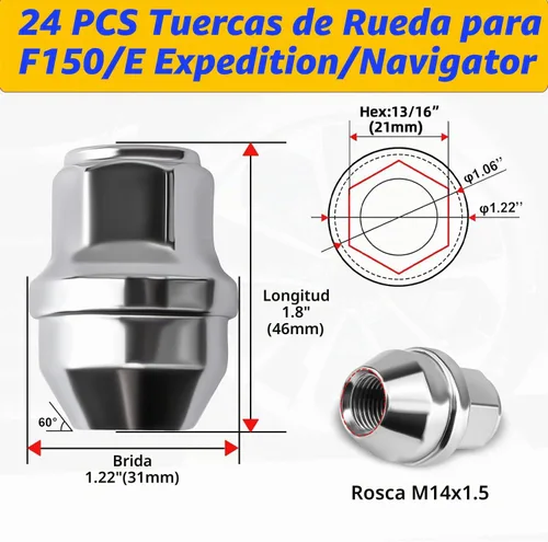 Vista 2 de Tuercas de llanta OEM 14x1.5 para 2015-2024 F150 Expedition Navigator Cromo
