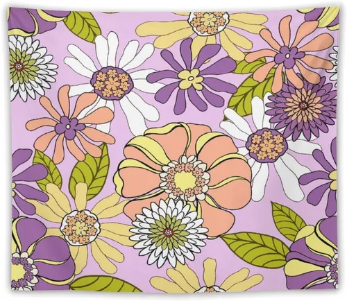 Vista 19 de Houselerax Tapiz floral retro de los años 60 y 70, diseño hippie de primavera Groovy Flower Power Flower Boho para colgar en la pared, arte neutro