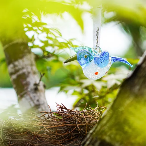 Vista 4 de Adorno de vidrio soplado – colibrí, 3 pulgadas, cristal de arte de pájaro azul, coleccionable, decorativo, colgante, para árbol de Navidad, ventana