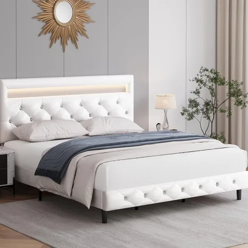 Vista 9 de Base de cama tapizada moderna tamaño Queen con luces LED, marco de cama de plataforma de piel sintética de perfil bajo, cabecero ajustable
