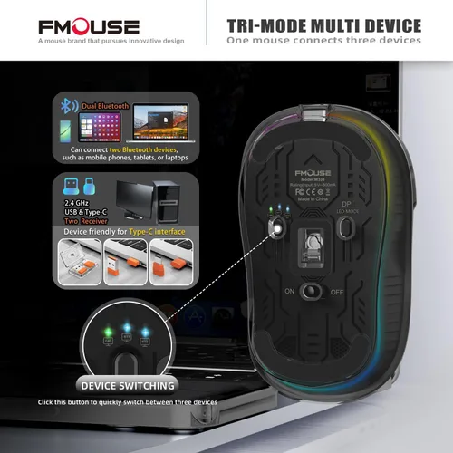 Vista 3 de FMOUSE Ratón Inalámbrico Transparente Novedoso, Tri-Modo (Bluetooth Dual+2.4GHz), Receptor USB-C Ideal para MacBook/Portátiles/PC, Recargable
