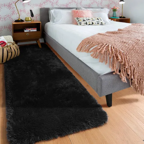 Vista 6 de ONASAR - Alfombra de pasillo negra de 2 x 6 pies, esponjosa, lavable, ultrasuave, afelpada, peluda, tapete para bebés, dormitorio de niños, armario