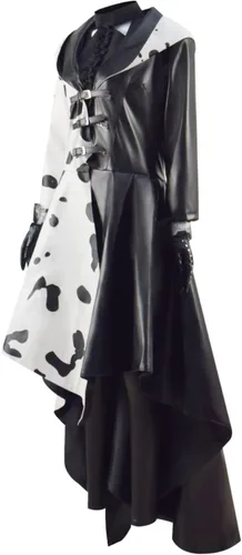 Vista 3 de Xuminvty Cruella Deville - Guantes de disfraz de bruja negra y blanca para adultos, peluca de Cruella, abrigo de Cruella, pantalones para mujer