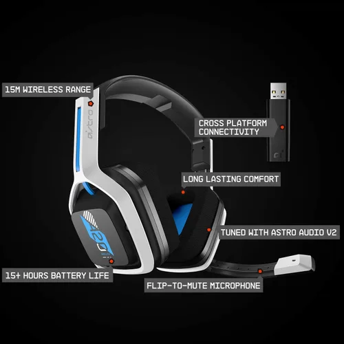 Vista 6 de ASTRO Gaming A20 Wireless Headset Gen 2 for PlayStation 5 and 4 PC Mac - WhiteBlue