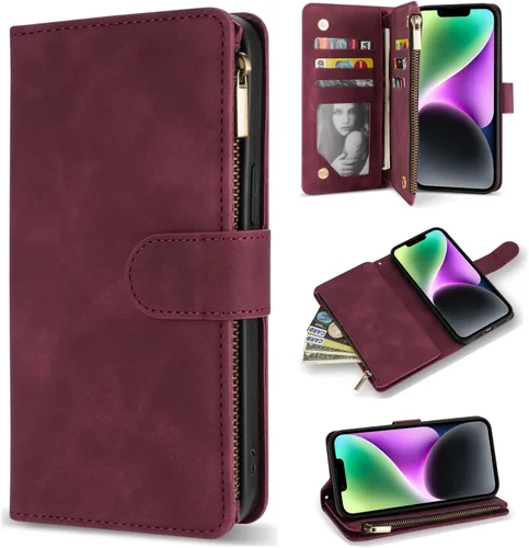 Vista 24 de ZZXX Funda tipo cartera para iPhone 14 Plus con [Bloqueo RFID] Ranura para tarjetas Cuero PU suave premium con cremallera tipo folio plegable