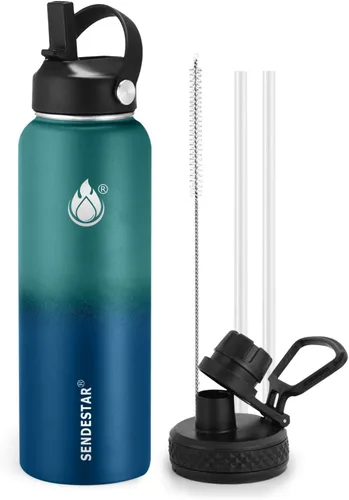 Vista 50 de SENDESTAR Botella de agua aislada de 24 onzas, boca ancha, botella de agua de 24 onzas con tapa con popote, tapa de boquilla, acero inoxidable