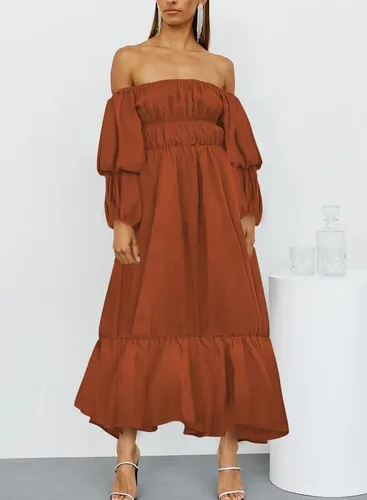Vista 3 de Dokotoo Vestidos de hombro descubierto para mujer, manga larga, volantes, cintura elástica, acampanado, vestido largo casual