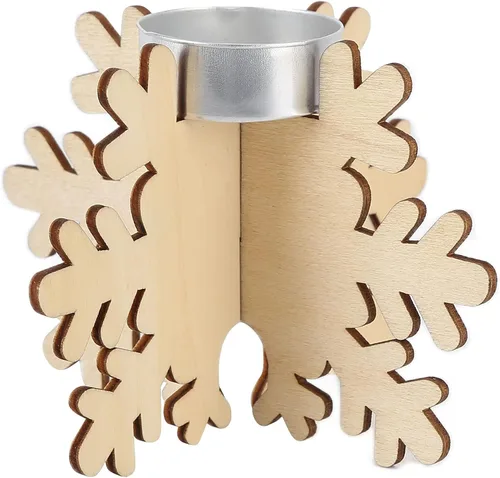 Vista 4 de Portavelas de madera con forma de copo de nieve, decoración de mesa de comedor, candelabro de Navidad de copo de nieve de madera elegante