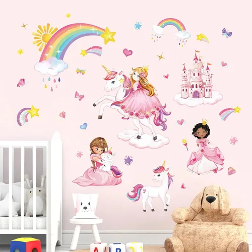 Vista 2 de wondever Calcomanías de pared de unicornio de princesa, castillo, arco iris, calcomanías de arte de pared para dormitorio de niñas, habitación