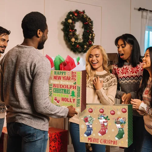 Vista 5 de Zachely 24 bolsas de regalo de Navidad extra grandes con 24 papel de seda, bolsas de papel kraft jumbo a granel para regalos, 6 estilos de bolsas