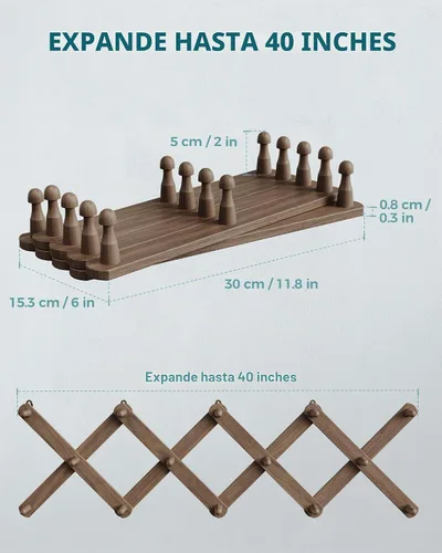 Vista 6 de OROPY Percha de pared de acordeón con 14 clavijas, perchero de madera nogal (Walnut Color)