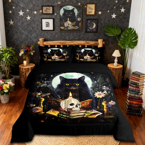 Vista 12 de Castle Fairy Juego de edredón con diseño de gato lindo para niños, tamaño twin, juego de ropa de cama con hojas de flores, luna, noche y cielo