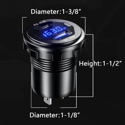 Vista 5 de PD - Cargador rápido USB C de 45 W de 18 W, enchufe de cargador USB 3.0 impermeable con interruptor, voltímetro LED y fusible de cable, kit