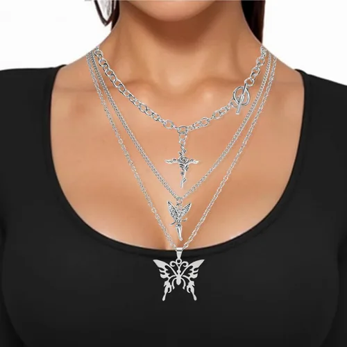 Vista 4 de Juego de 10 piezas de collar Y2k para mujer, accesorios góticos grunge, collares de joyería, cruz gótica, espinas de hadas, ángel gótico, corazón
