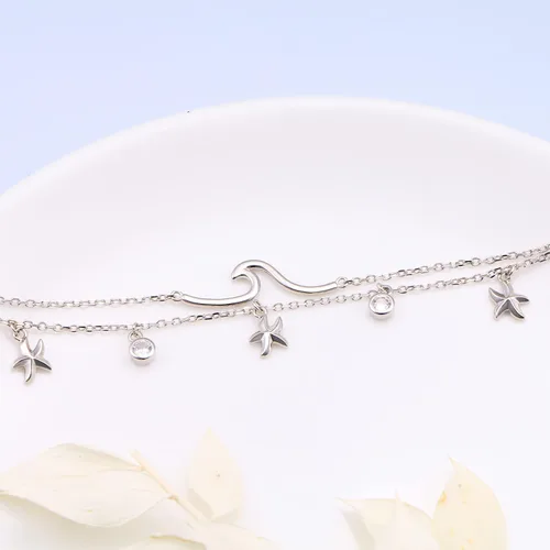 Vista 5 de Tobillera ondulada para mujer, de plata de ley S925, ajustable, con estrellas de mar en capas, océano, playa, mar, tobillera