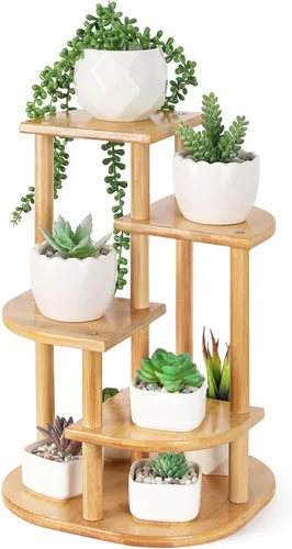 Vista 6 de Jotsport Soporte de bambú de 5 niveles para plantas, estante pequeño para alféizar de ventana, mini suculentas, soporte de exhibición para sala