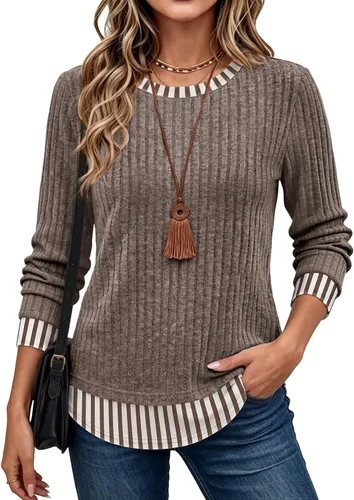 Vista 16 de WIHOLL Camisas de manga larga para mujer, trajes de otoño, suéteres ligeros Negro - blanco
