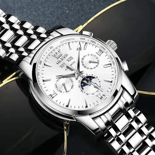 Vista 2 de OLEVS Relojes automáticos para hombre de cuerda automática reloj de pulsera calendario multifunción botón oculto pantalla de sol luna impermeable