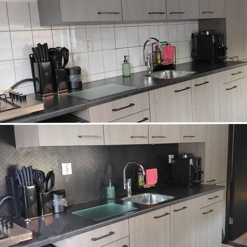 Vista 5 de Azulejos para Salpicadero de Cocina de 6 Hojas Despegar y Pegar, Panel Compuesto de Aluminio con Patrón Espiga Negro, Azulejos Adhesivos para Pared