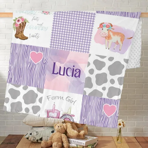 Vista 5 de Manta personalizada de bebé Minky de vaca pequeña, botas de granja, coche, manta personalizada para guardería, 35 x 46 pulgadas, para baby shower