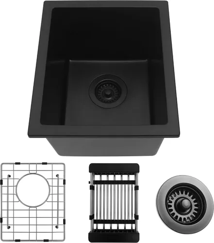 Vista 9 de Fregadero de barra negro, fregadero de cocina de montaje inferior de 13 x 15 x 10 pulgadas, fregadero de cocina pequeño y profundo de granito