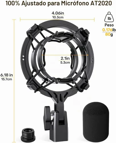 Vista 7 de Soporte de choque para micrófono AT2020 personalizado con filtro pop, suspensión antivibración, soporte de micrófono, clip compatible con Audio