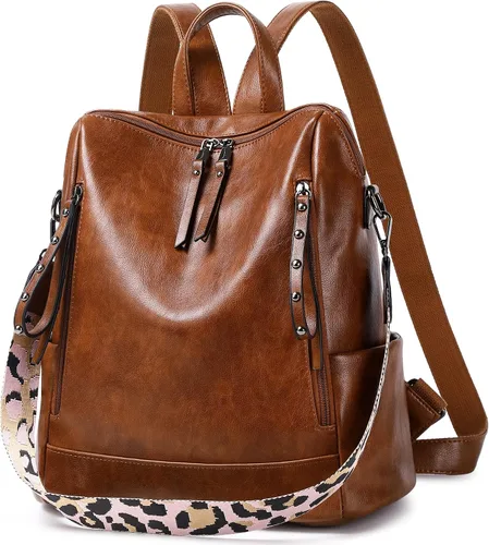 Vista 2 de Mochila de cuero para mujer, tamaño pequeño, a la moda, para todos los días, viajes, bolsa de hombro, color marrón, Marrón, talla única , Fashion